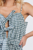 Green Checkered Layered Bow Cut Out Short Romper
