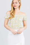 Short Sleeve Off The Shoulder W/shirring Detailed Printed Woven Crop Top