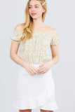 Short Sleeve Off The Shoulder W/shirring Detailed Printed Woven Crop Top