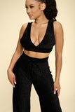 Crushed Velvet Plunging Neck Tank Top And High Waist Palazzo Pants Set