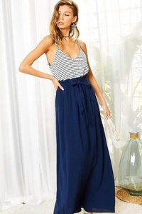 Striped Print Cami Sol Top Hi-waist Skirt Side Pocket Maxi Dress